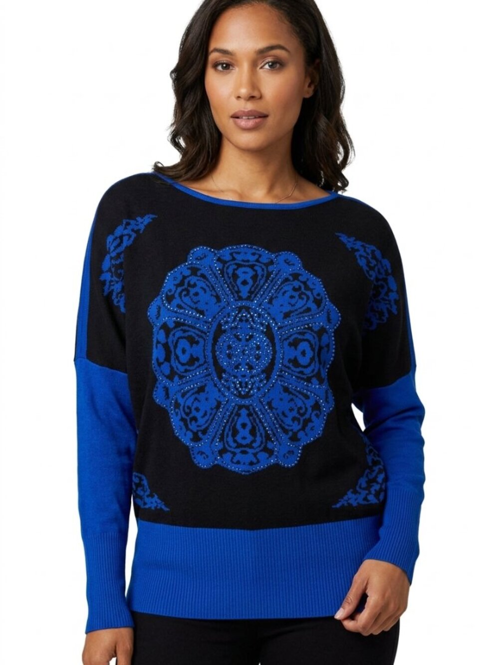 Laura Dolman Sleeves Black Royal Blue Medallion Sweater Rhinestone XLP Petite